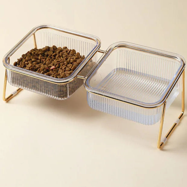 Elegante Transparante Verhoogde Voer- en Drinkbak voor Katten met Gouden Frame