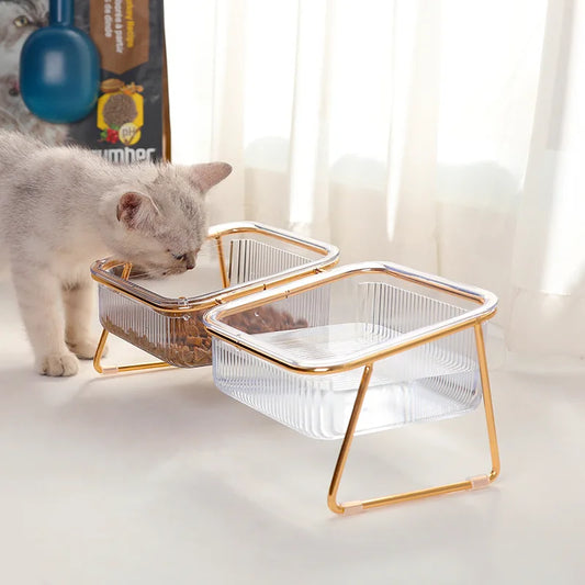 Elegante Transparante Verhoogde Voer- en Drinkbak voor Katten met Gouden Frame